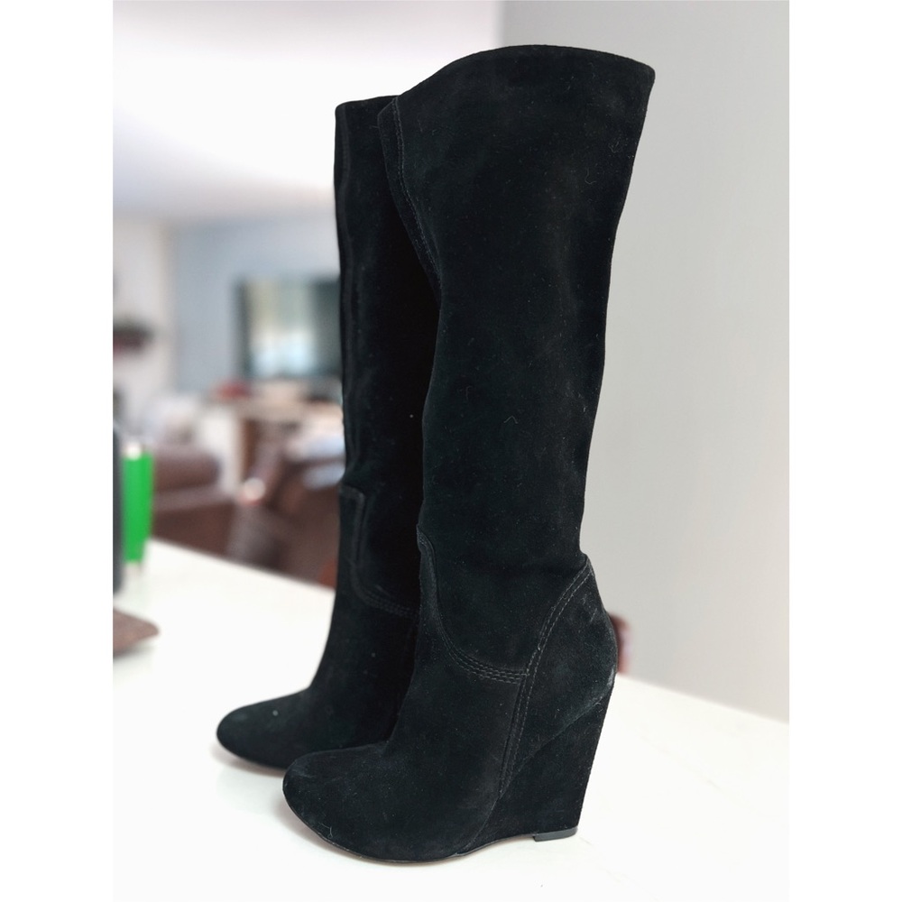 Elegant Black Suede Knee-High Wedge Boots